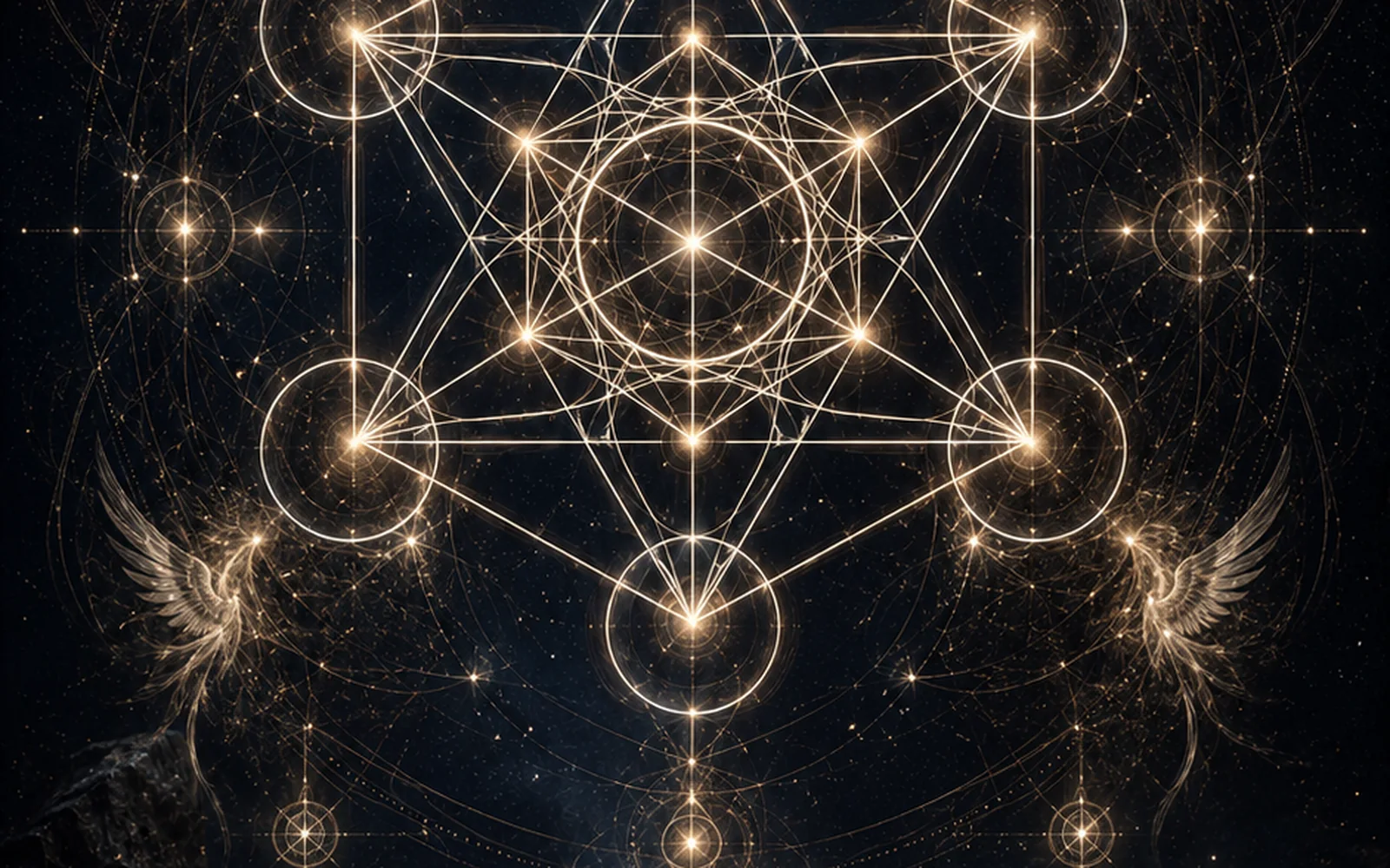 Golden Metatron's Cube sacred geometry over a cosmic altar — winged guardians, candles and stars