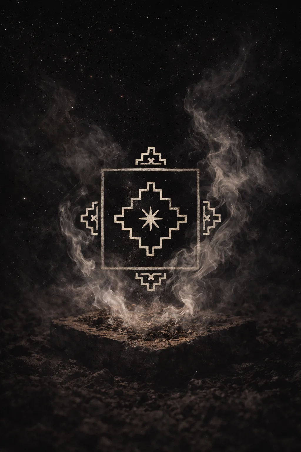 Wenu Mapu altar — Mapuche sigil with rising smoke over a stone pedestal under starlit sky