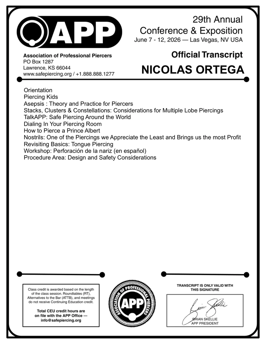 Official Transcript — Continuing Education Units (CEUs) · 29th Annual Conference 2026 — Association of Professional Piercers (APP)